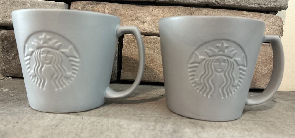 2 Starbucks TALL Matte Gray Embossed Siren Mermaid Logo Coffee Mug Cup 12 oz